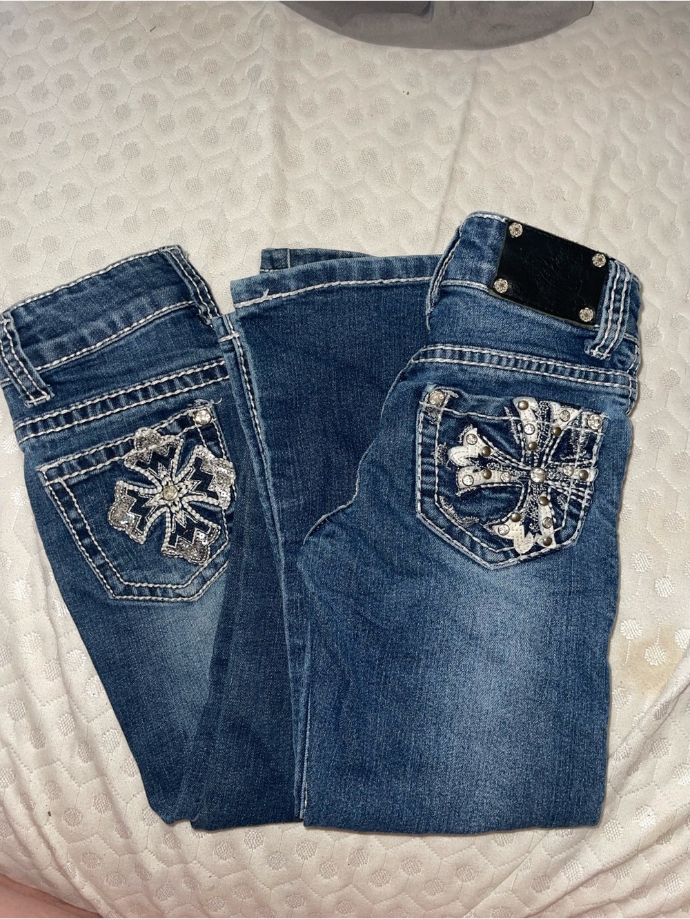Girls Dark Blue Embellished Jeans with Decorative Back Pockets